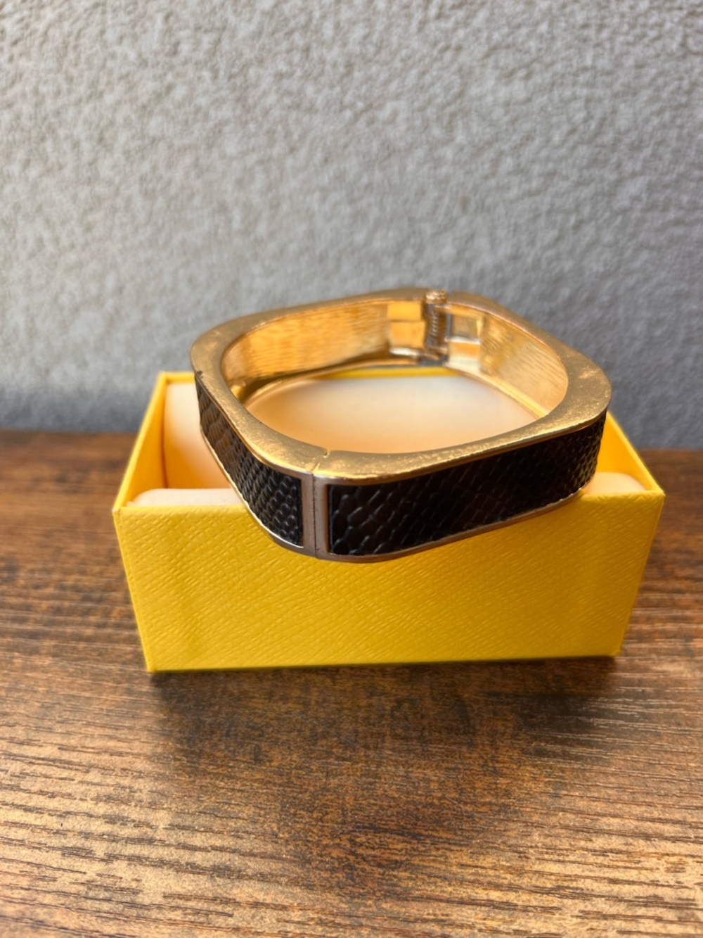 Black Snakeskin Textured Hinged Bangle Bracelet Gold Tone Wide Statement